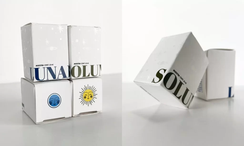 Caja en papel sulfatada en diferentes posiciones con impresión a color y barniz a registro. 