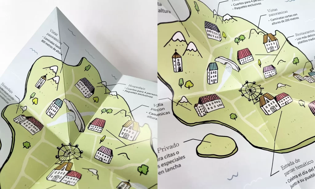 Diseño de volante tipo mapa turístico con varios dobleces